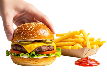 Hand holding a delicious burger with fries and ketchup isolated on transparent background