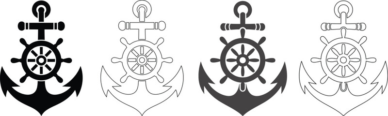 Obraz premium Nautical anchor and ship wheel icons set vintage maritime nautical symbols collection vector Illustration
