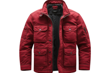 Stylish red field jacket with multiple pockets and a black lining perfect for outdoor adventures or casual wear on transparent background