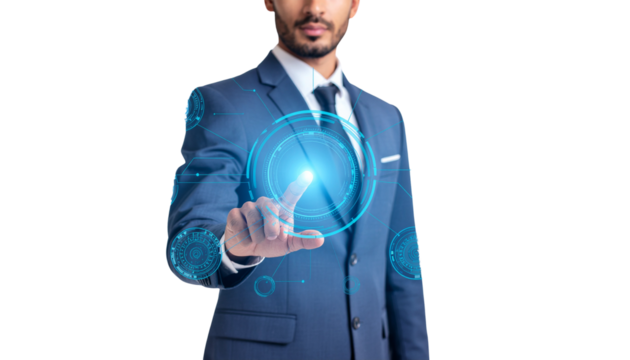 Handsome businessman in a suit and tie, smiling and confident, standing in a studio, one hand holding a AI features.