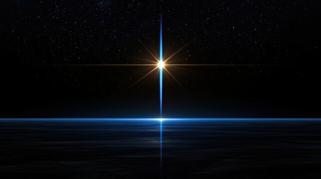 A star shines brightly in the night sky, casting a blue glow on the horizon.