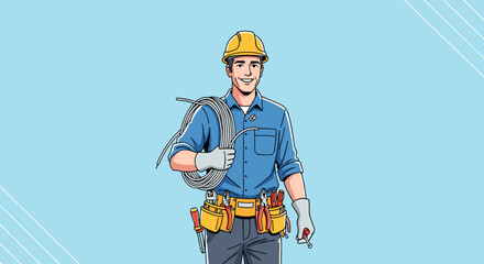 Confident male technician smiling while holding a tool belt and coil, in a bright background