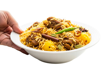 Hand holding a bowl of delicious mutton biryani isolated on transparent background