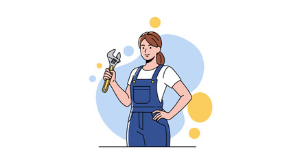 Woman plumber confidently holding an adjustable wrench, ready for plumbing tasks
