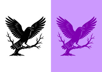 Silhouette of a Raven with Wings Spread on a Bare Tree Branch