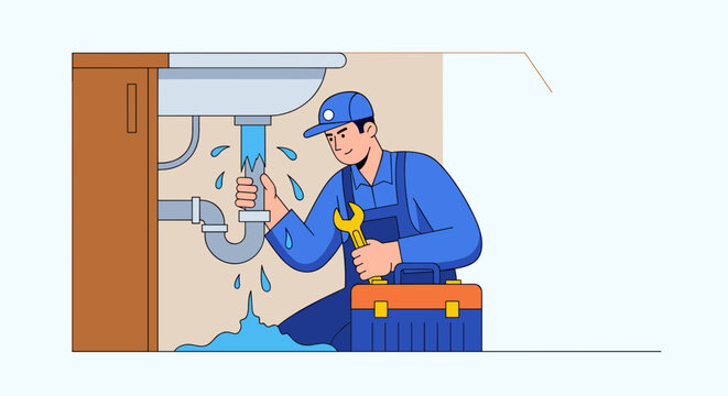 Emergency plumber quickly fixing burst pipe in residential plumbing