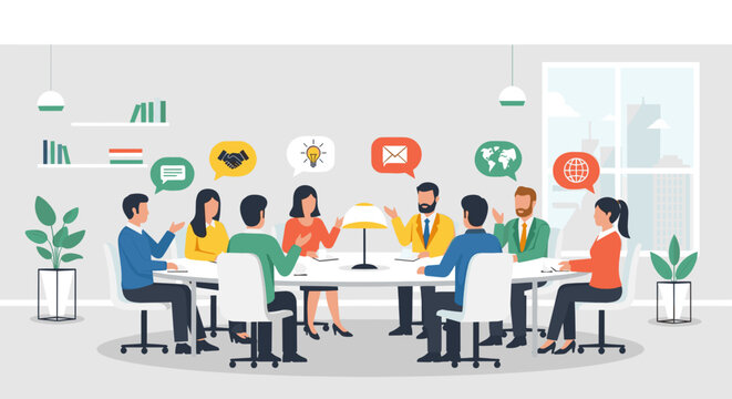 Diverse group in an intercultural cooperation meeting, discussing ideas around a conference table