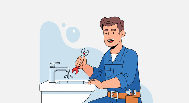 Cheerful plumber smiling while fixing a sink with a wrench, in a modern bathroom environment