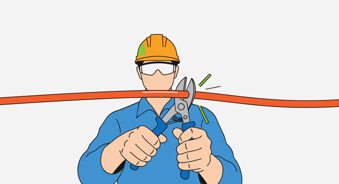 electrician using pliers to cut electrical wire, demonstrating skilled trade and safety measures, worker cutting wire with cutter