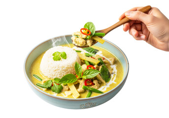 Delicious green curry with rice and vegetables isolated on transparent background