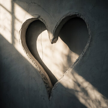 El coraz&oacute;n de la pared: Un s&iacute;mbolo de amor tallado en concreto con luz y sombra dram&aacute;ticas