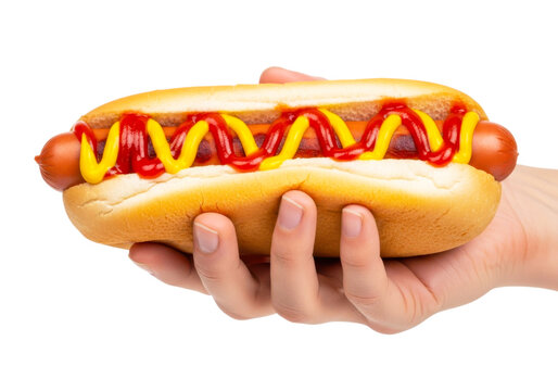 Hand holding a hot dog with mustard and ketchup isolated on transparent background