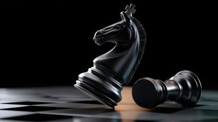 Black knight chess piece stands prominently on chessboard with fallen black pawn nearby, creating dramatic and intense scene