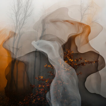 La esencia del oto&ntilde;o: Un paisaje abstracto de bosque brumoso con capas de tinta naranja y humo