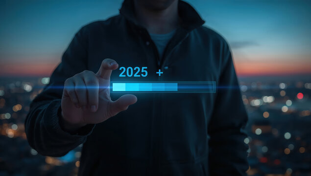 A man interacting with futuristic 2025 loading bar technology concept - Powered by Adobe