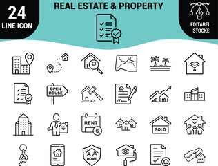 Web24 Real Estate and Property Line Icons Set 2: House Selling, Buying, Renting, Open House, Location Map, Mortgage Contract, and Home Security Graphics - Editable Stroke Vector Collection