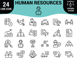 Web24 Human Resources Line Icons Set: HR Management, Recruitment, Employee Training, Performance Review, Corporate Structure, and Personnel Graphics - Editable Stroke Vector Pack