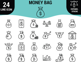Web24 Money Bag Line Icons Set: Financial Wealth, Cash Savings, Profit Growth, Investment Funds, Cryptocurrency, and Richness Graphics - Editable Stroke Vector Pack