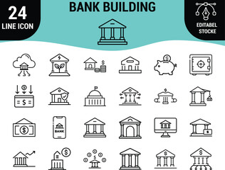 Web24 Bank Building Line Icons Set: Financial Institution, Government, Investment, Safe Deposit, Money Exchange, Online Banking, and Corporate Headquarters Graphics - Editable Stroke Vector Pack