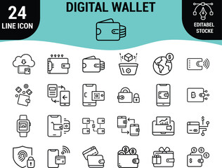 Web24 Digital Wallet Line Icons Set: Mobile Payment, E-Wallet, Cryptocurrency, Secure Financial Transaction, Global Money Transfer, and Contactless NFC Graphics - Editable Stroke Vector Pack