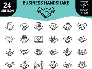 Web24 Business Handshake Line Icons Set: Partnership, Deal Agreement, Corporate Contract, Teamwork, Merger, Investment, and Global Collaboration Graphics - Editable Stroke Vector Collection