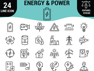 Web24 Energy and Power Line Icons Set: Renewable Energy, Electric Battery, Solar Panels, Wind Turbine, Power Plant, Electricity, and Sustainable Resources Graphics - Editable Stroke Vector Pack