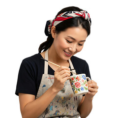 Smiling Asian woman painting floral patterns on a ceramic mug. Happy artist crafting pottery, creative hobby, Isolated on transparent background, png
