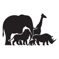 Diverse jungle animals silhouettes in black and white