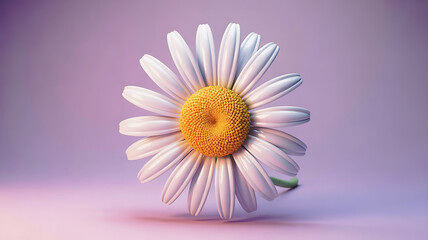 Close up of a single white daisy with a yellow center on a soft purple background