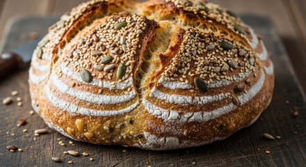 Artisan sourdough bread loaf sprinkled with sesame and pumpkin seeds