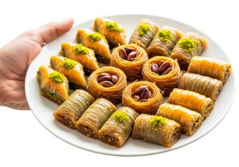 Delicious baklava assortment isolated on transparent background, served on a plate