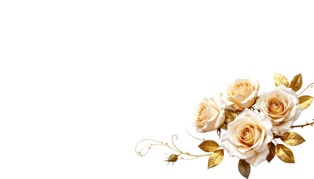 Beautiful golden floral frame with pink roses and leaves isolated on white background