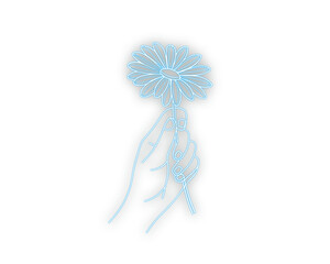 Minimal blue line art of a hand holding a flower on a clean white background. Elegant modern outline design for botanical and romantic concepts. Simple floral illustration for creative graphic project