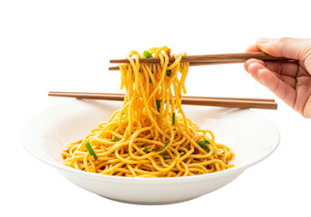 Hand holding noodles with chopsticks isolated on transparent background