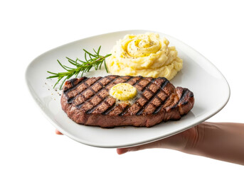Grilled new york strip steak with mashed potatoes isolated on transparent background