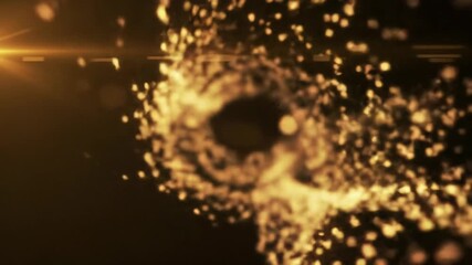A breathtaking, abstract macro video of shimmering golden particles cascading through a black void, forming a luminous trail with creamy bokeh and warm lens flare. Ethereal light symphony - Powered by Adobe