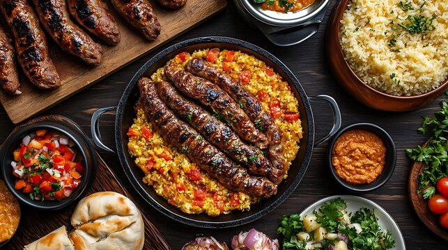 Serbian pljeskavica served with traditional balkan side dishes