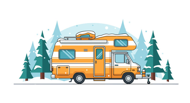 Campervan in snowy woods with a cozy atmosphere surrounded by trees copy space - Powered by Adobe