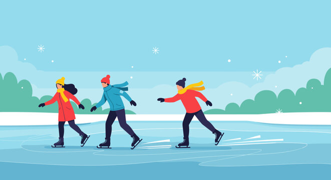 Group of skaters on a frozen pond enjoying a winter day