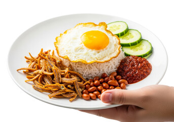 Delicious nasi lemak with fried egg isolated on transparent background