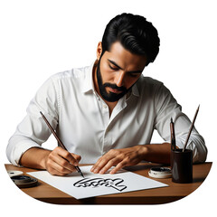 Indian man drawing traditional Arabic calligraphy with ink and pen. Focused artist practicing ancient art, creative hobby, Isolated on transparent background, png