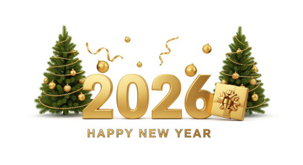 Golden New Year 2026 Celebration with Festive Trees and Gifts