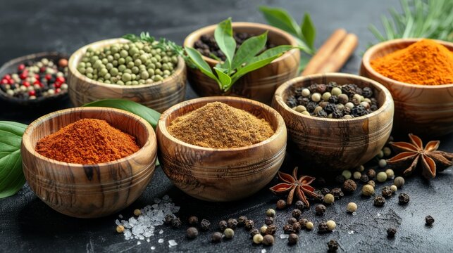 Vibrant traditional spices and herbs in wooden bowls on dark stone surface for eastern cuisine