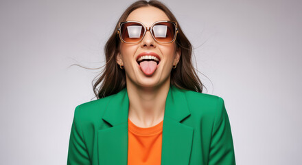 Happy woman with tongue out wearing sunglasses and colorful clothes