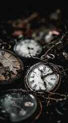 Broken Vintage Clocks Ground Branches Growing Dark Roots Decay Scene