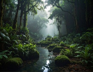 薄暗い鬱蒼としたジャングルに流れる小川