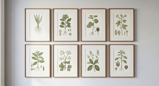Botanical prints in gold frames create a serene gallery wall, perfect for adding a touch of nature and calm to your interior design