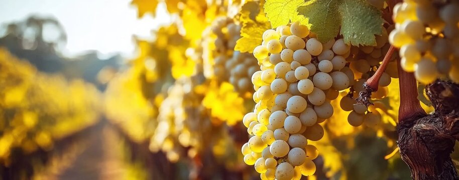 A sunlit vineyard with clusters of white grapes hanging from lush green vines, surrounded by golden leaves.