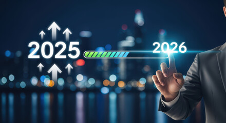 Transition from 2025 to 2026 with Businessman Pointing to Future Growth