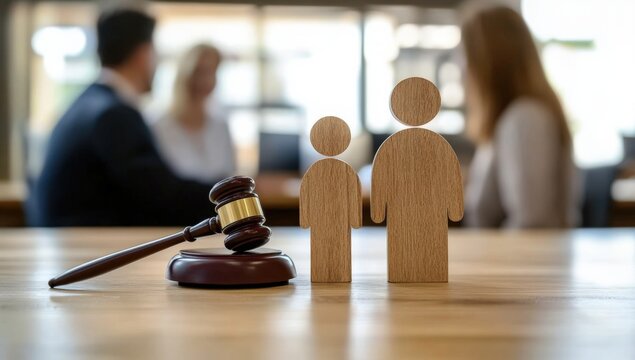 A wooden gavel rests beside stylized figures representing family dynamics, as blurred individuals engage in a discussion in a professional setting.